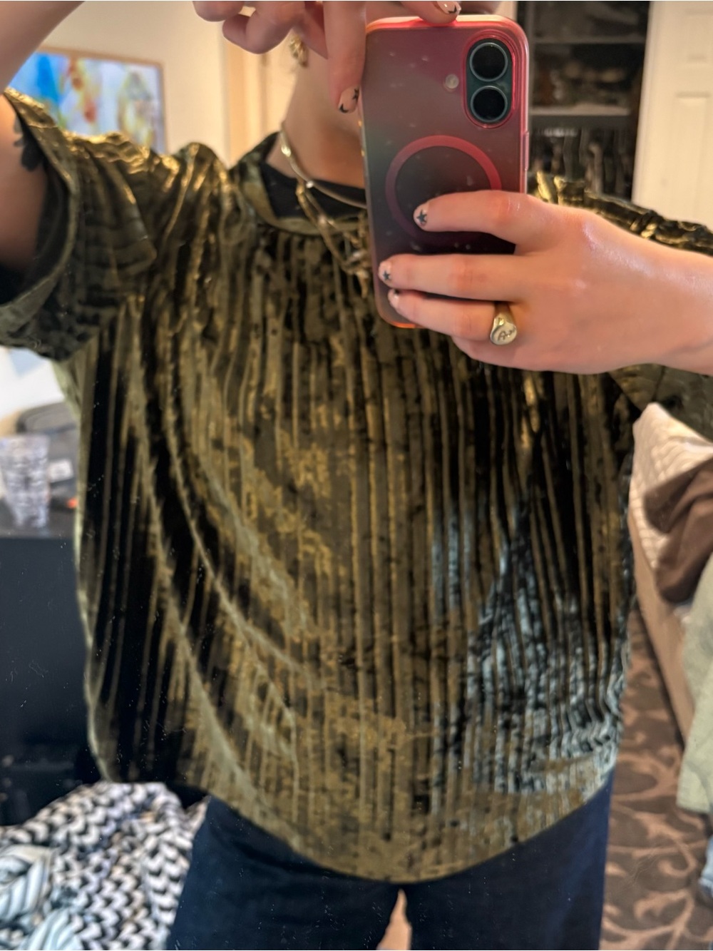 Mango NEW green velvet ribbed shirt